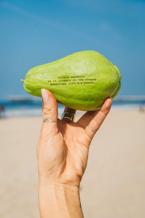 Papaya fruit with a haiku laser engraved on it being held up with the coastline behind it