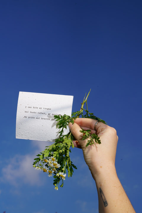 Holding a haiku and flowers in the sky